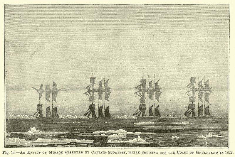 لاحظ تأثير الكابتن سكوريزبي تأثير السراب أثناء الإبحار قبالة ساحل جرينلاند في عام 1822 بواسطة مدرسة اللغة الإنجليزية