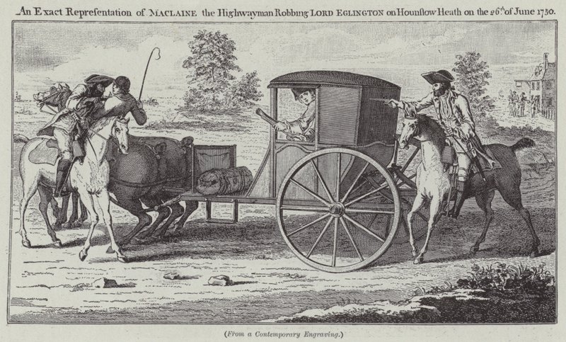 تمثيل دقيق لـ Maclaine the Highwayman الذي يسرق اللورد Eglington على Hounslow Heath في 26 يونيو 1750 (نقش) بواسطة مدرسة اللغة الإنجليزية