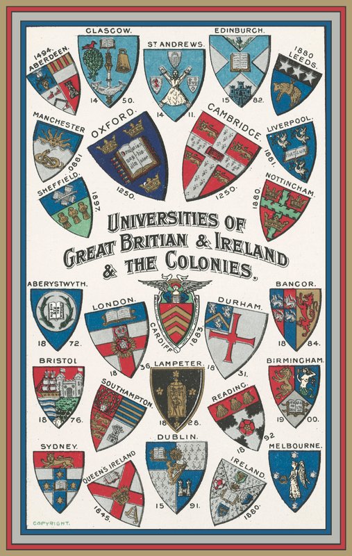 Arms of universities of Great Britain and Ireland and the Colonies (colour litho) بواسطة مدرسة اللغة الإنجليزية