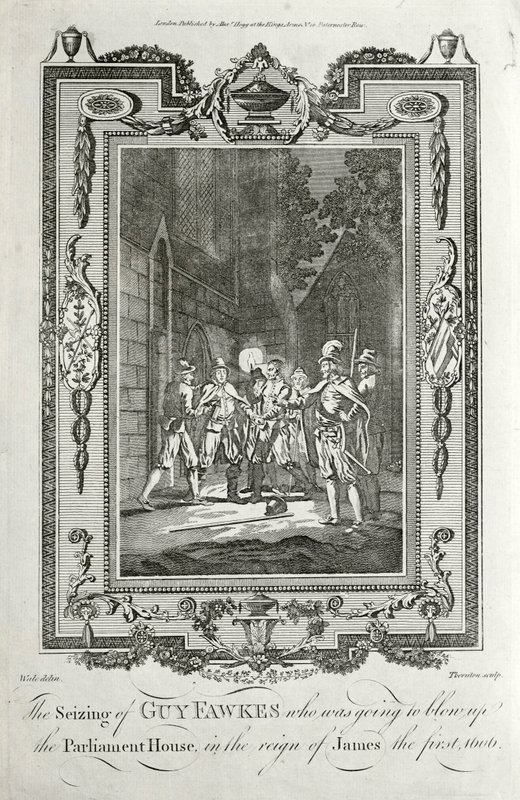 Arrest of Guy Fawkes for attempting to blow up the Houses of Parliament in the Gunpowder Plot, 5 November 1605 (engraving) بواسطة مدرسة اللغة الإنجليزية