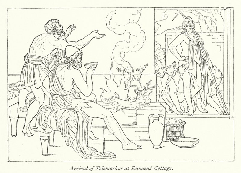 وصول Telemachus إلى كوخ Eumaeus (litho) بواسطة مدرسة اللغة الإنجليزية