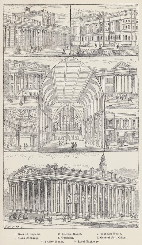 بنك إنجلترا ، Custom House ، Mansion House ، Stock Exchange ، Guildhall ، General Post Office ، Trinity House ، Royal Exchange (engraving) بواسطة مدرسة اللغة الإنجليزية