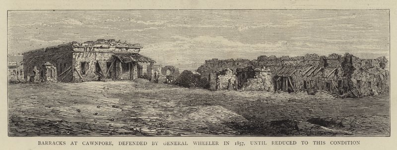 Barracks at Cawnpore, defended by General Wheeler in 1857, until reduced to this Condition (engraving) بواسطة مدرسة اللغة الإنجليزية