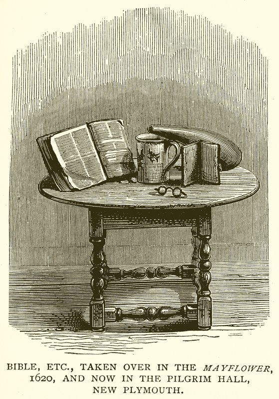الكتاب المقدس ، وما إلى ذلك ، تم الاستيلاء عليه في Mayflower ، 1620 ، والآن في قاعة الحج ، نيو بلايموث بواسطة مدرسة اللغة الإنجليزية