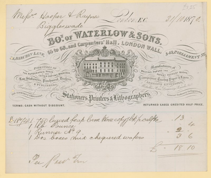 فاتورة من Waterlow and Sons، 66-68 Carpenters Hall، London Wall، stationers بواسطة مدرسة اللغة الإنجليزية