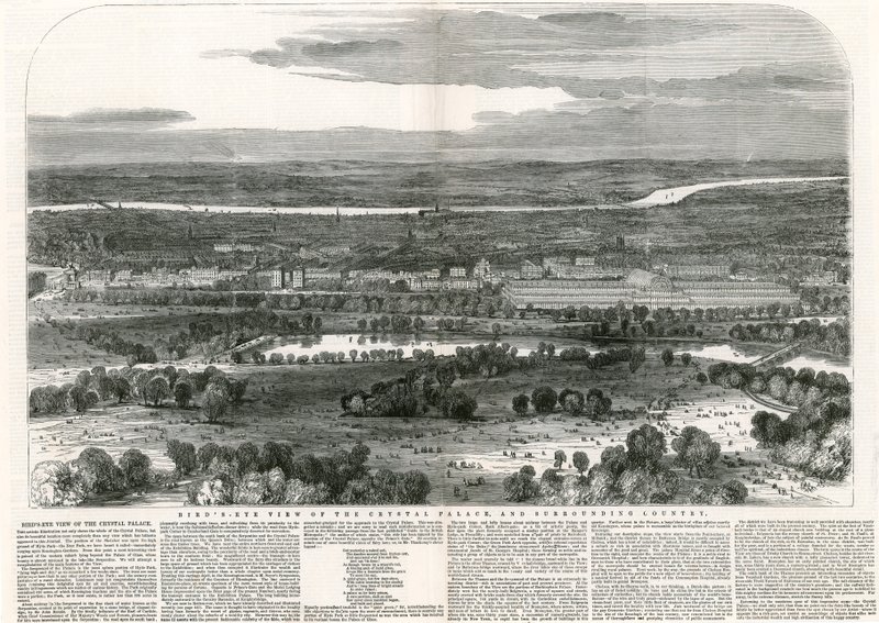 منظر للطيور من القصر البلوري والبلد المحيط ، المعرض الكبير ، 1851 بواسطة مدرسة اللغة الإنجليزية