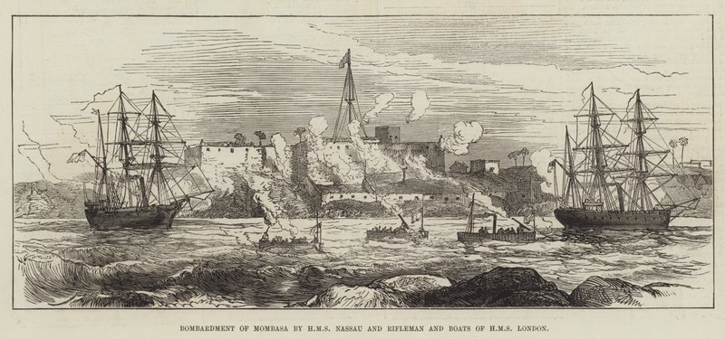 قصف مومباسا بواسطة HMS Nassau و Rifleman و Boats of HMS London (نقش) بواسطة مدرسة اللغة الإنجليزية