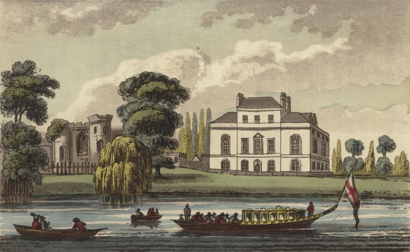 Brandenburg House, Hammersmith, London, home of Caroline of Brunswick, Queen of the United Kingdom and estranged wife of King George IV (coloured engraving) بواسطة مدرسة اللغة الإنجليزية