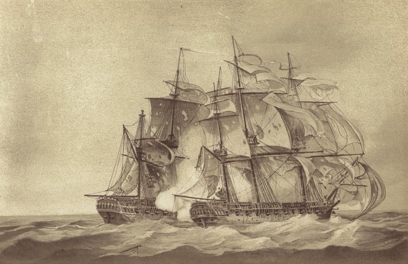 British frigate HMS Santa Margarita, commanded by Captain Thomas Byam Martin, capturing the French frigate Tamise, June 1796 (litho) بواسطة مدرسة اللغة الإنجليزية