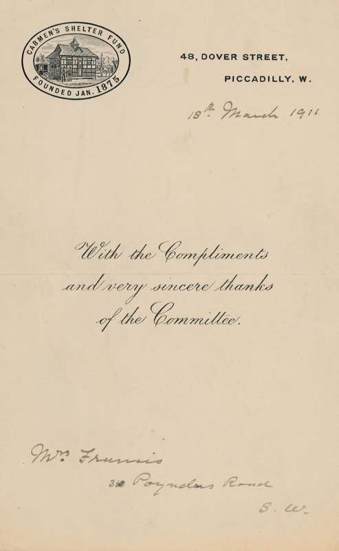 Cabmens Shelter Fun ، تأسست يناير 1875. رسالة بواسطة مدرسة اللغة الإنجليزية