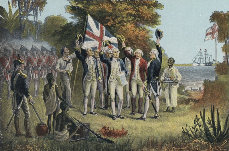 Captain Cook Taking Possession of Australia (colour litho) بواسطة مدرسة اللغة الإنجليزية