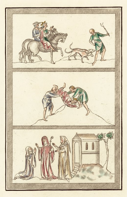 Cenelm, King of Mercia, hunting, murder of King, Abbess, nun and anchorite (coloured engraving) بواسطة مدرسة اللغة الإنجليزية
