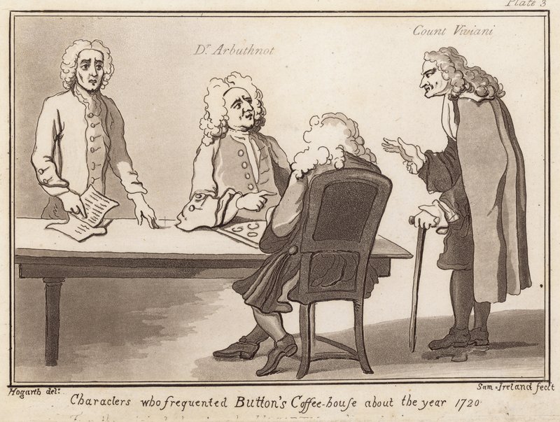 الشخصيات التي ترددت على بوتسونز كوفي هاوس حوالي عام 1720: د. أربوثنوت ، الكونت فيفياني بواسطة مدرسة اللغة الإنجليزية