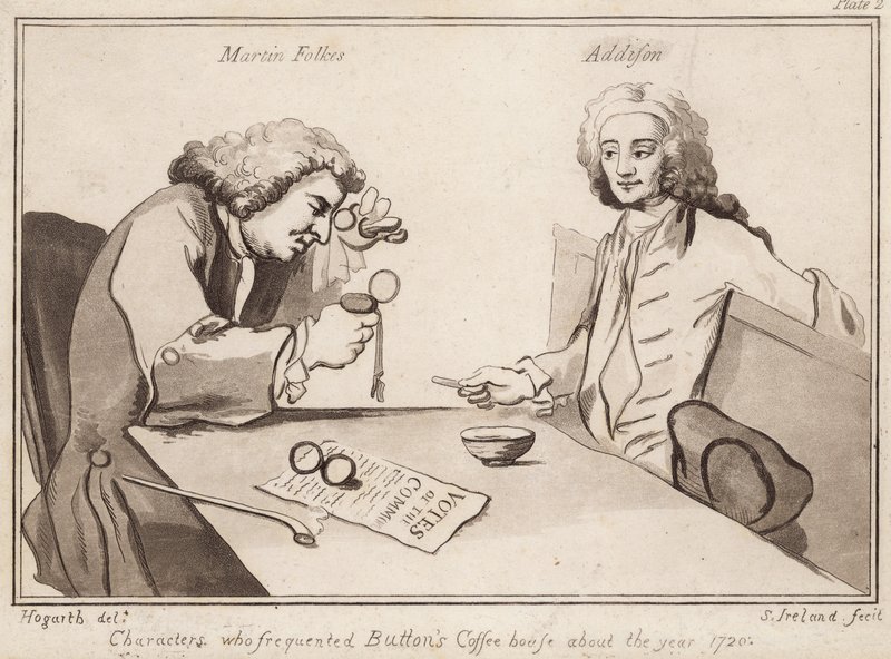 الشخصيات التي ترددت على Buttons Coffee House حوالي عام 1720s ؛ مارتن فولكس ، أديسون بواسطة مدرسة اللغة الإنجليزية