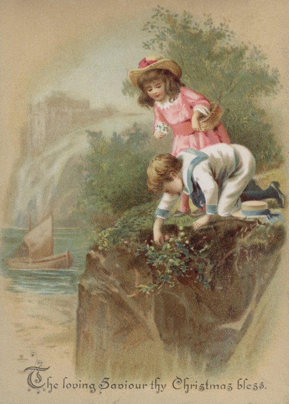 Children picking flowers on a riverbank, Christmas card (chromolitho) بواسطة مدرسة اللغة الإنجليزية