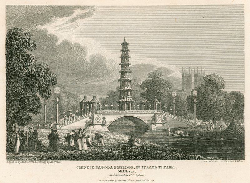 المعبد والجسر الصيني ، St Jamess Park ، لندن ، كما ظهر في 1 أغسطس 1814 بواسطة مدرسة اللغة الإنجليزية