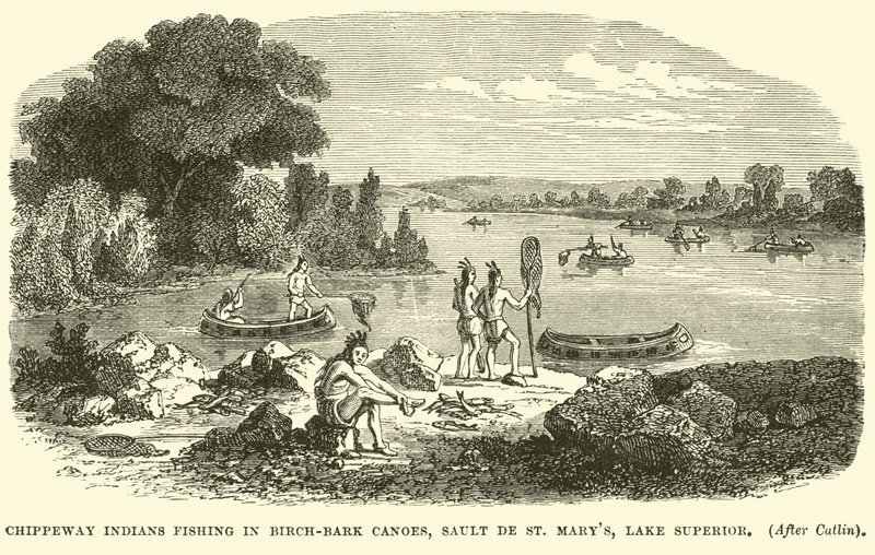 صيد الهنود الحمر في صيد الأسماك في زوارق Birch-bark ، Sault de St Marys ، بحيرة سوبيريور بواسطة مدرسة اللغة الإنجليزية
