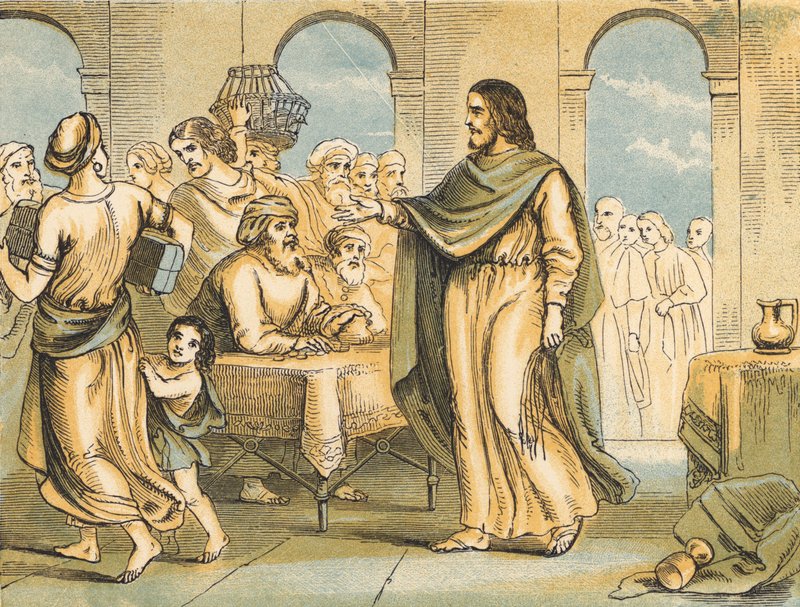 Christ cleansing the Temple (coloured engraving) بواسطة مدرسة اللغة الإنجليزية