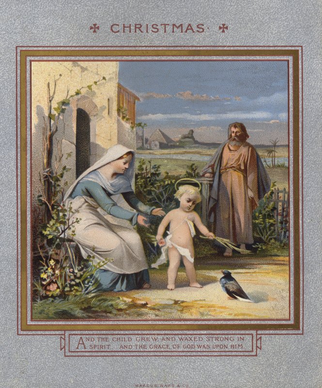 Christmas card: Jesus playing with a dove, watched over by his parents (chromolitho) بواسطة مدرسة اللغة الإنجليزية