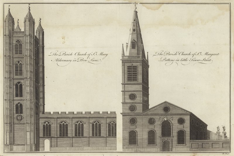 كنيسة St Mary Aldermary في Bow Lane وكنيسة St Margaret Pattens في Little Tower Street ، لندن بواسطة مدرسة اللغة الإنجليزية