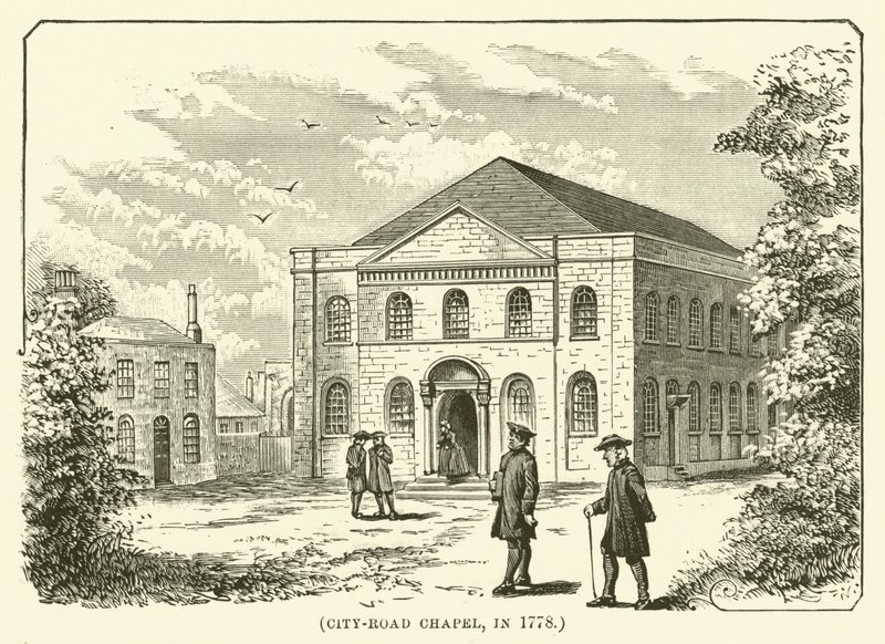 كنيسة طريق المدينة، في عام 1778 (نقش) بواسطة مدرسة اللغة الإنجليزية