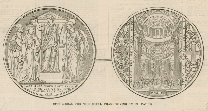 ميدالية مدينة لعيد الشكر الملكي في كاتدرائية سانت بولس ، لندن ، في 27 فبراير 1872 بواسطة مدرسة اللغة الإنجليزية