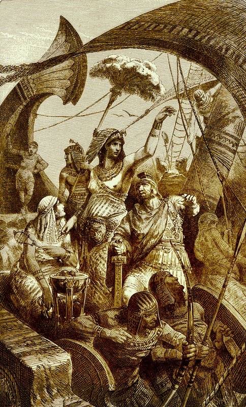 كليوباترا في معركة أكتيوم ، توضيح من تاريخ العالم المصور ، تم نشره عام 1880 (صورة محسنة رقميًا) كليوباترا السابعة (69-30 قبل الميلاد) ، فرعون مصر القديمة ؛ معركة س بواسطة مدرسة اللغة الإنجليزية