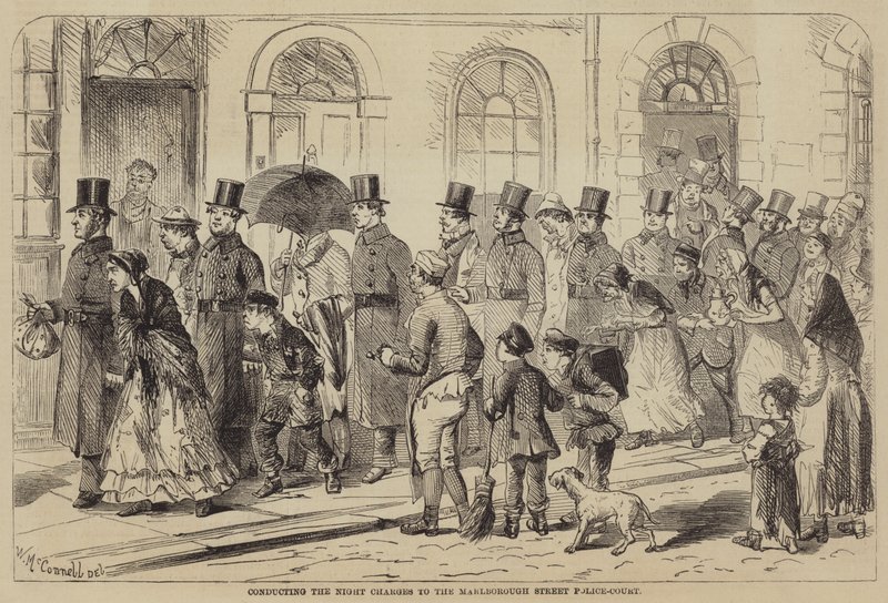 Conducting the Night Charges to the Marlborough Street Police-Court (engraving) بواسطة مدرسة اللغة الإنجليزية