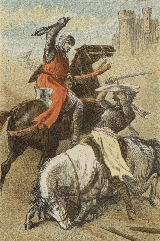 Conflict between Godfrey de Bouillon and the Saracen, at Antioch (coloured engraving) بواسطة مدرسة اللغة الإنجليزية