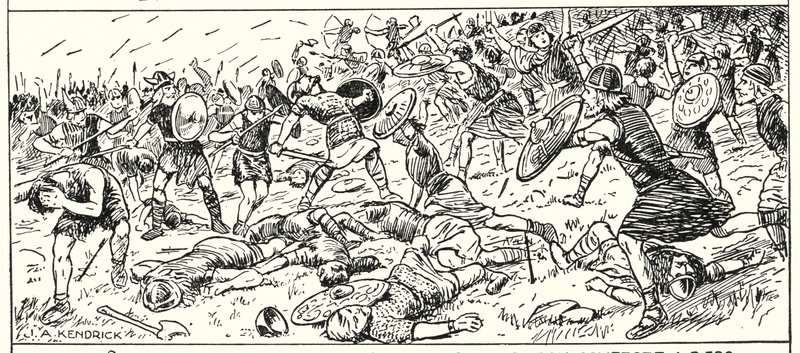 Defeat of the West Saxons at Mount Budon, Somerset, AD 500 (lithograph) بواسطة مدرسة اللغة الإنجليزية