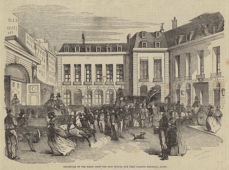 Departure of the Mails from the Post Office, Rue Jean Jacques Rousseau, Paris (engraving) بواسطة مدرسة اللغة الإنجليزية