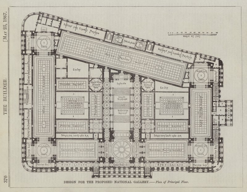 تصميم للمعرض الوطني المقترح ، مخطط الطابق الرئيسي (نقش) بواسطة مدرسة اللغة الإنجليزية