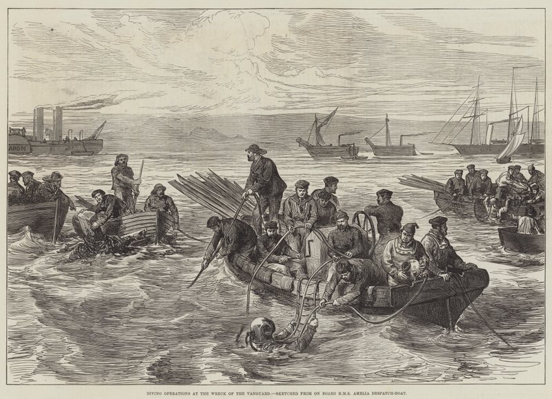 عمليات الغوص في حطام الطليعة ، مُرسومة من على متن السفينة HMS Amelia Despatch-Boat (نقش) بواسطة مدرسة اللغة الإنجليزية