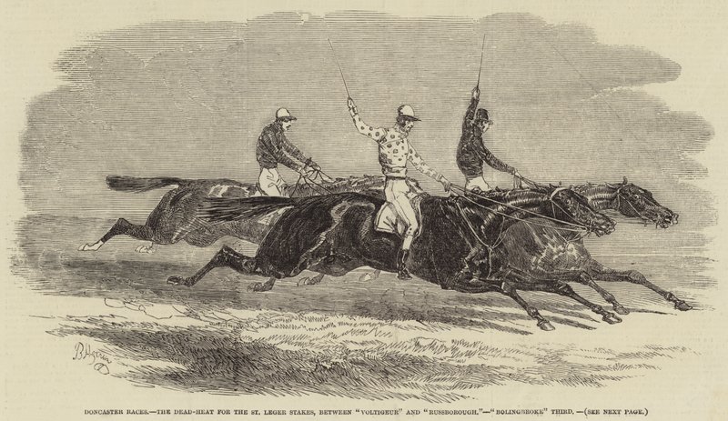 Doncaster Races, the Dead-Heat for the St Leger Stakes, between "Voltigeur" and "Russborough", "Bolingbroke" Third (engraving) بواسطة مدرسة اللغة الإنجليزية