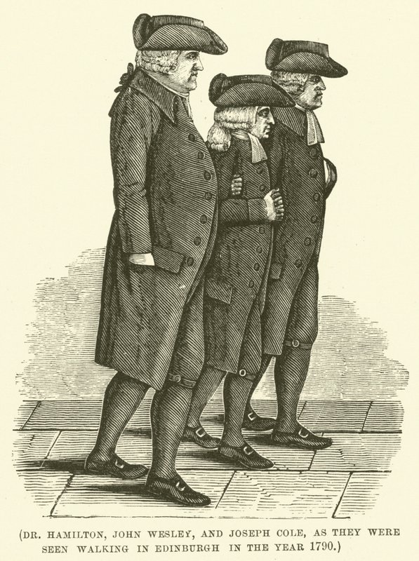الدكتور هاميلتون وجون ويسلي وجوزيف كول، كما شوهدوا وهم يسيرون في أدنبرة في عام 1790 (نقش) بواسطة مدرسة اللغة الإنجليزية