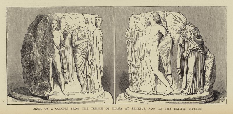 Drum of a Column from the Temple of Diana at Ephesus, now in the British Museum (engraving) بواسطة مدرسة اللغة الإنجليزية