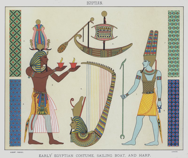 Egyptian, Early egyptian costume, sailing boat, and harp (colour litho) بواسطة مدرسة اللغة الإنجليزية