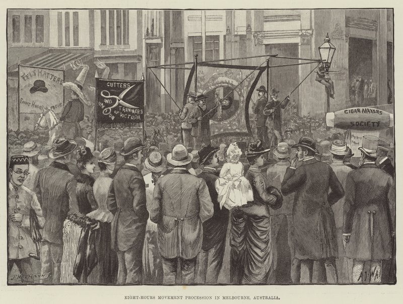 Eight-Hours Movement Procession in Melbourne, Australia (engraving) بواسطة مدرسة اللغة الإنجليزية
