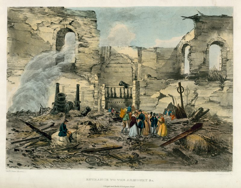مدخل إلى مخزن الأسلحة ، برج لندن فاير ، 1841 بواسطة مدرسة اللغة الإنجليزية