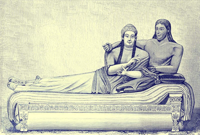 مقبرة إترورية ، توضيح من تاريخ روما بقلم فيكتور دوروي ، نُشر عام 1884 (صورة محسنة رقميًا) بواسطة مدرسة اللغة الإنجليزية