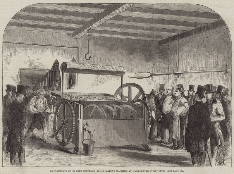 التجارب التي تم إجراؤها باستخدام آلة صنع الخبز من Stevens في Marylebone Workhouse (النقش) بواسطة مدرسة اللغة الإنجليزية