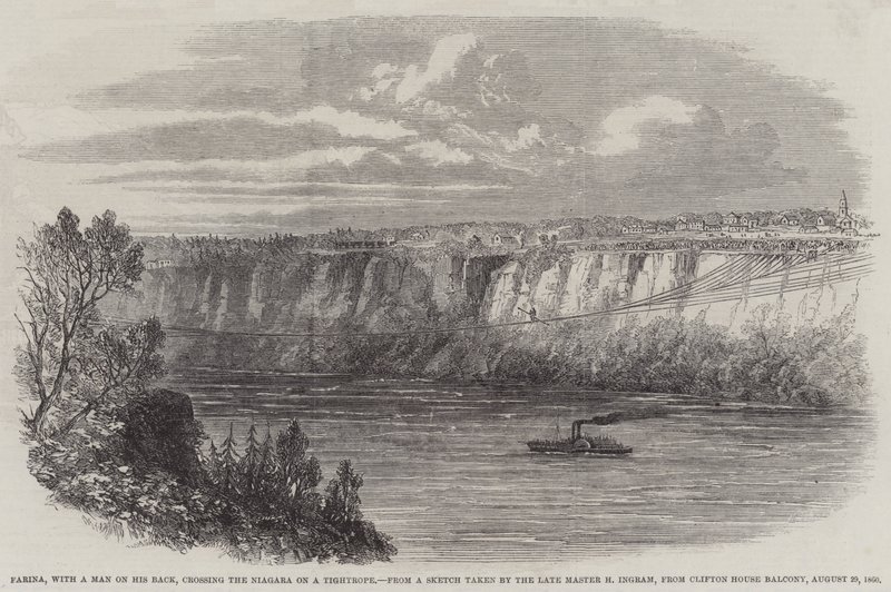 فارينا ، مع رجل على ظهره ، يعبر نياجرا على حبل مشدود ، من Clifton House Balcony ، 29 أغسطس 1860 (نقش) بواسطة مدرسة اللغة الإنجليزية
