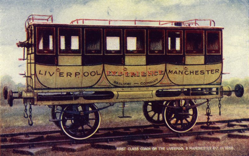First class coach on the Liverpool and Manchester Railway in 1838 (colour litho) بواسطة مدرسة اللغة الإنجليزية