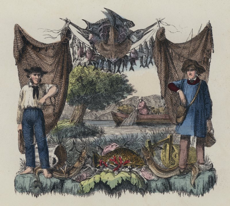Fish and fishing (coloured engraving) بواسطة مدرسة اللغة الإنجليزية