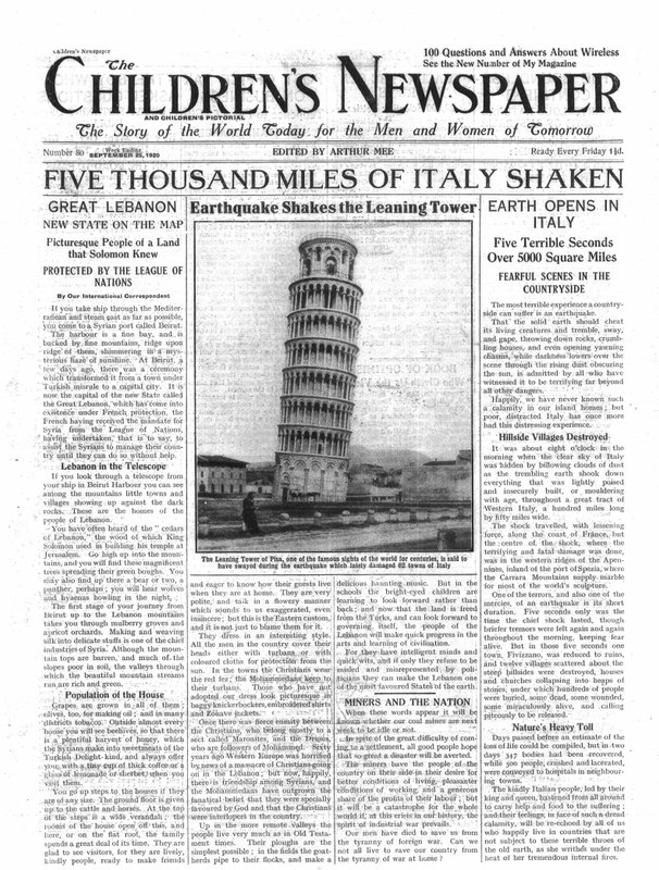 خمسة آلاف ميل من إيطاليا المهتزة ، الصفحة الأولى من "جريدة الأطفال" ، سبتمبر 1920 (ورق الصحف) بواسطة مدرسة اللغة الإنجليزية