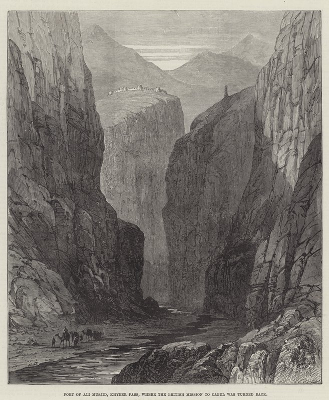 حصن علي مسجيد ، ممر خيبر ، حيث أعيدت البعثة البريطانية إلى كابول (نقش) بواسطة مدرسة اللغة الإنجليزية