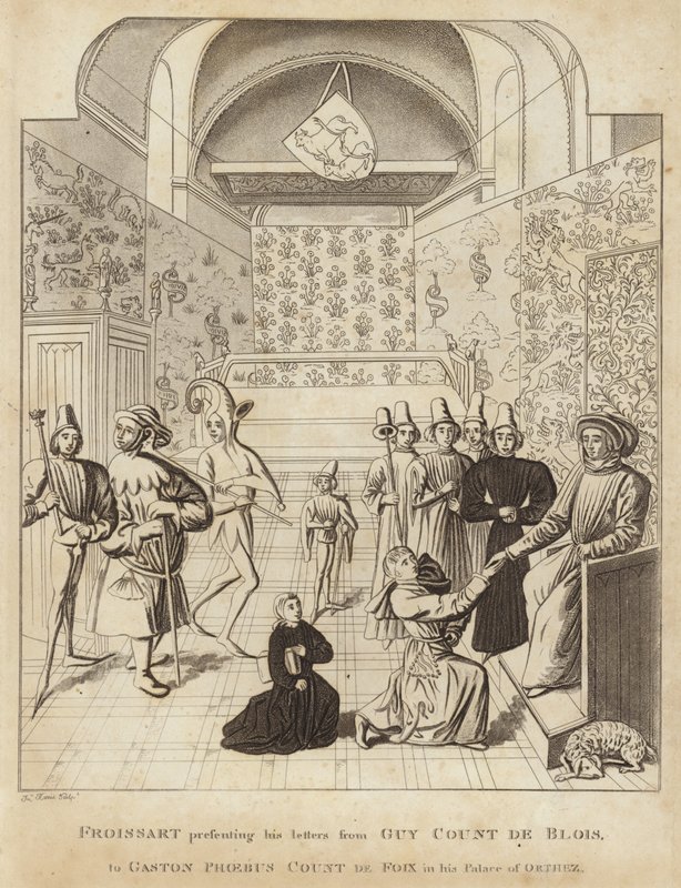 قدم Froissart رسائله من Guy Court de Blois إلى Gaston Phoebus Count de Foix في قصر Orthez بواسطة مدرسة اللغة الإنجليزية