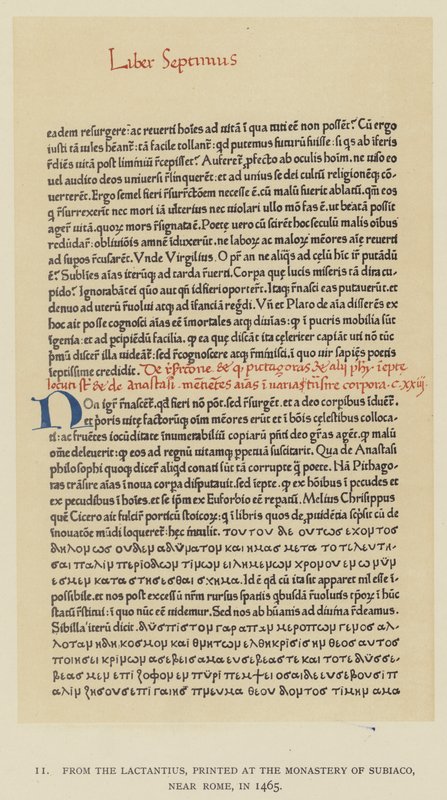 من لاكتانتيوس ، طُبع في دير سوبياكو ، بالقرب من روما ، عام 1465 (ليثو) بواسطة مدرسة اللغة الإنجليزية