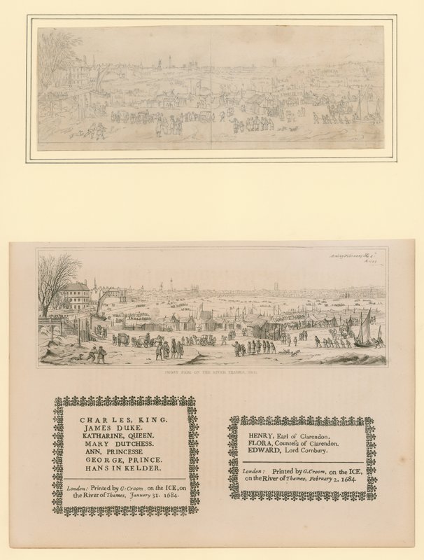 معرض الصقيع في نهر التايمز ، تذكار مطبوع للملك تشارلز الثاني والعائلة ، 1684 بواسطة مدرسة اللغة الإنجليزية