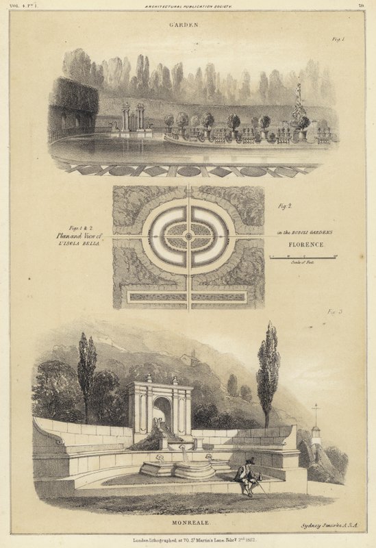 الحدائق: Isola Bella in the Boboli Gardens، Florence، and Monreale، Italy (litho) بواسطة مدرسة اللغة الإنجليزية